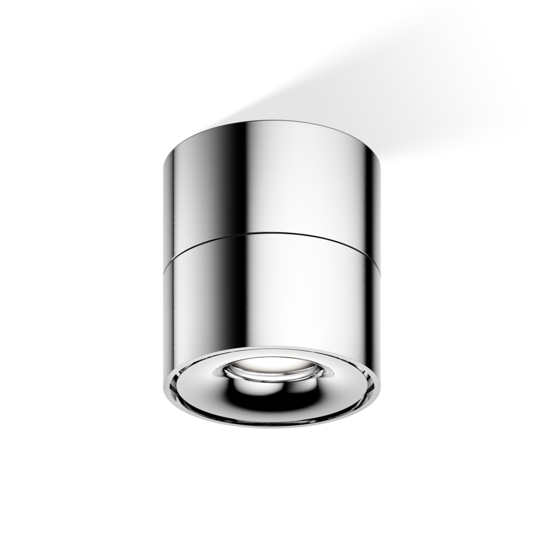 Moderner LED-Deckenstrahler in Chrom – dekorativer Aufbaustrahler für Bad oder Flur mit kompakter, zylindrischer Form.