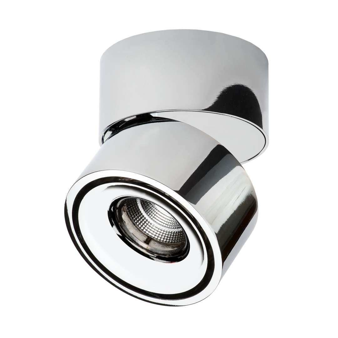 Moderner LED-Deckenstrahler in Chrom – dekorativer Aufbaustrahler für Bad oder Flur mit kompakter, zylindrischer Form.