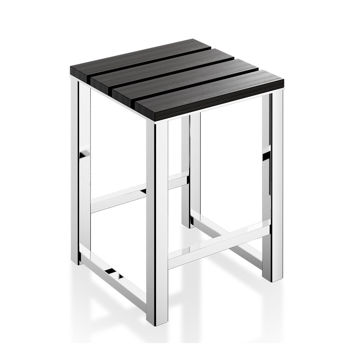 Designhocker DW68 von Decor Walther mit edler sitzfläche aus holz in Wenge-Optik und stabilem Edelstahlgestell – ein stilvoller Blickfang für moderne Badezimmer.