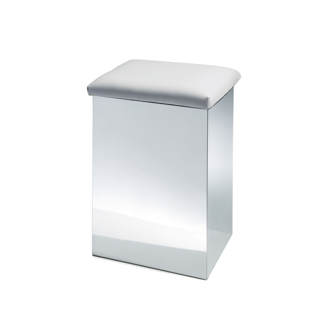 Wäschehocker eckig Edelstahl poliert Weiß Decor Walther Wäschebehälter Sitzhocker Badhocker verchromt Stahlgestell Sitzpolster klappbar multifunktional platzsparend stilvoll elegant robust hochwertig exklusives Baddesign Badezimmer-Aufbewahrung Badezimmer-Organisation Badezimmer-Möbel praktisch bequem