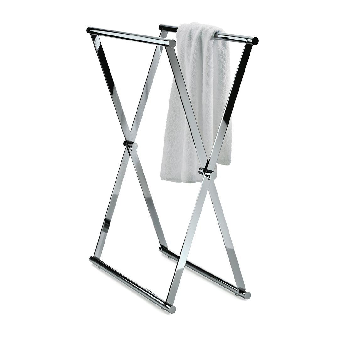 Raffinierter, zusammenklappbarer Handtuchständer Cross von Decor Walther in glänzend verchromtem Stahl - platzsparendes X-Gestell als stilvoller Handtuchhalter für bis zu 2 Handtücher, stabil und langlebig durch hochwertige Verarbeitung mit rutschfesten Füßen - perfekter freistehender Handtuchablage und Handtuchtrockner für jedes Badezimmer