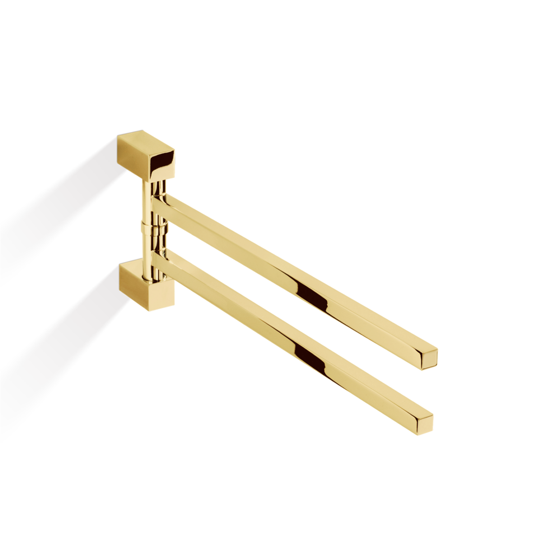 Eleganter doppelter Handtuchhalter in glänzendem Gold, zwei schwenkbare senkrechte Stangen aus hochwertigem Messing, verdeckte Montage, bietet großzügigen Platz zum Trocknen, perfekt für luxuriöse Badeinrichtungen