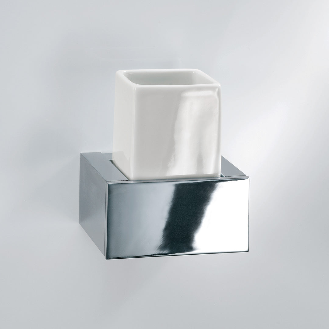 Wand Zahnputzbecher BK WMG von Decor-Walther in Chrom und Porzellan weiss, mundglas mit Halter fuer Zahnbuerste und Badaccessoires.
