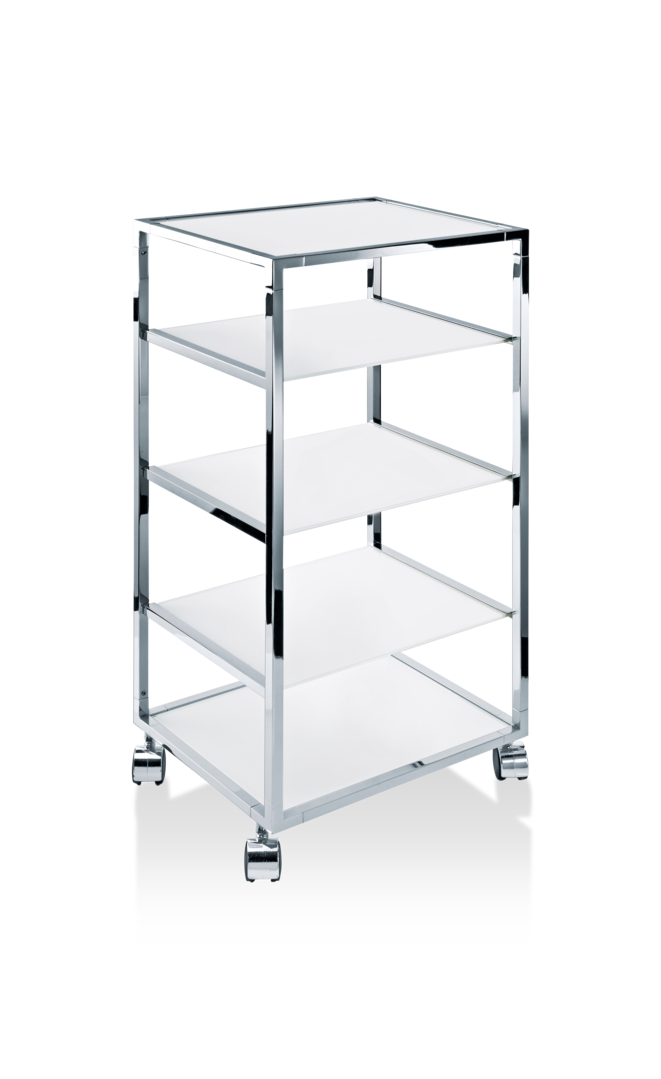 Mobiler offener Rollschrank Badezimmer Chrom Glas weiß Badregal Handtuchhalter Pflegeprodukt-Aufbewahrung Badaccessoire-Organizer rollbares Regal Badmöbel Decor Walther Stil Funktionalität