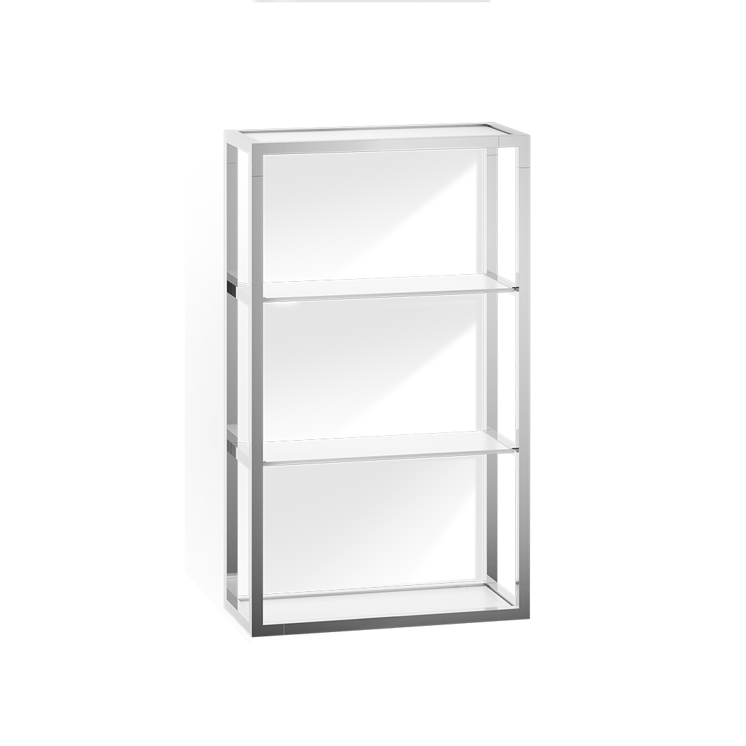 ET6 Wandregal in Chrom mit drei weißen Glasböden, perfekt für die diskrete Aufbewahrung von Badartikeln, elegant und funktional, schützt Inhalte vor Feuchtigkeit, ideal für jede Badezimmereinrichtung