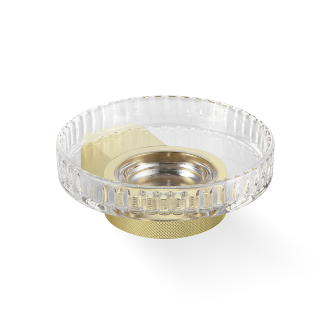 Hochwertige Wand-Seifenablage in mattem Gold (24 Karat) mit geschliffenem Kristallglas, elegante Handseifenschale von Decor Walther.
