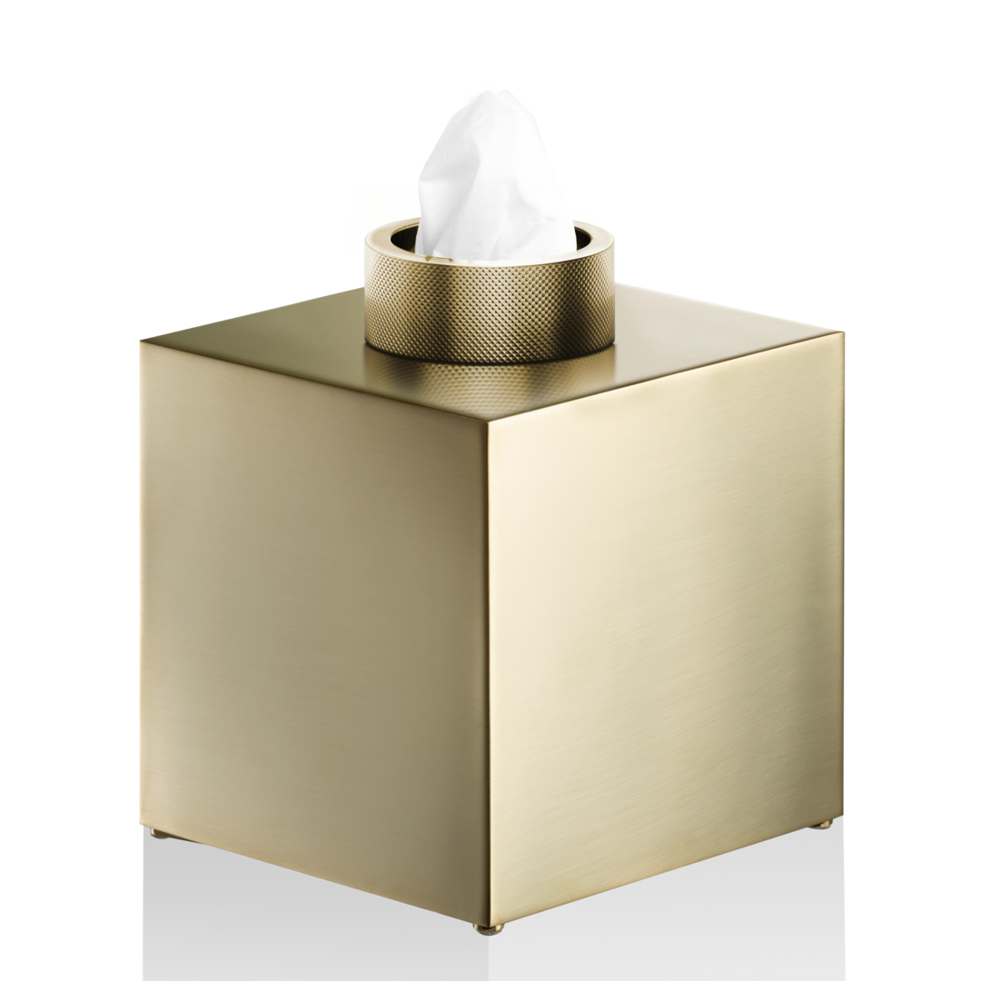 Edle Box für Kosmetiktücher in mattiertem 24 Karat Gold, kombiniert ästhetische Schönheit mit Praktikabilität, Teil der club-kb Kollektion von Decor Walther, zu finden bei DasFeineBad.