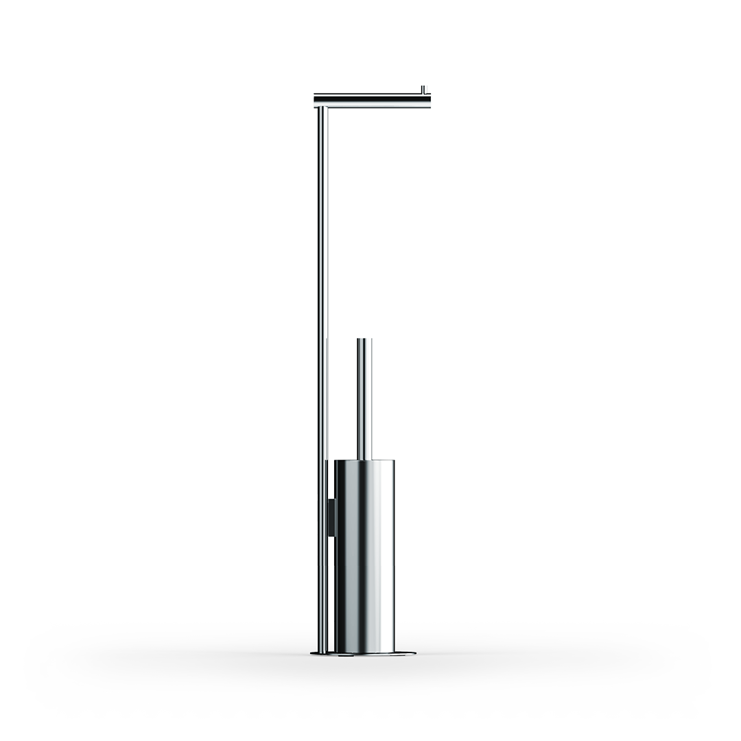 WC-Bürstenkombination Chrom Messing Decor Walther Standmodell rund Toilettenbürste WC-Garnitur mit Deckel Rollenhalter hygienischer Kunststoffeinsatz zeitloses Design Badaccessoires