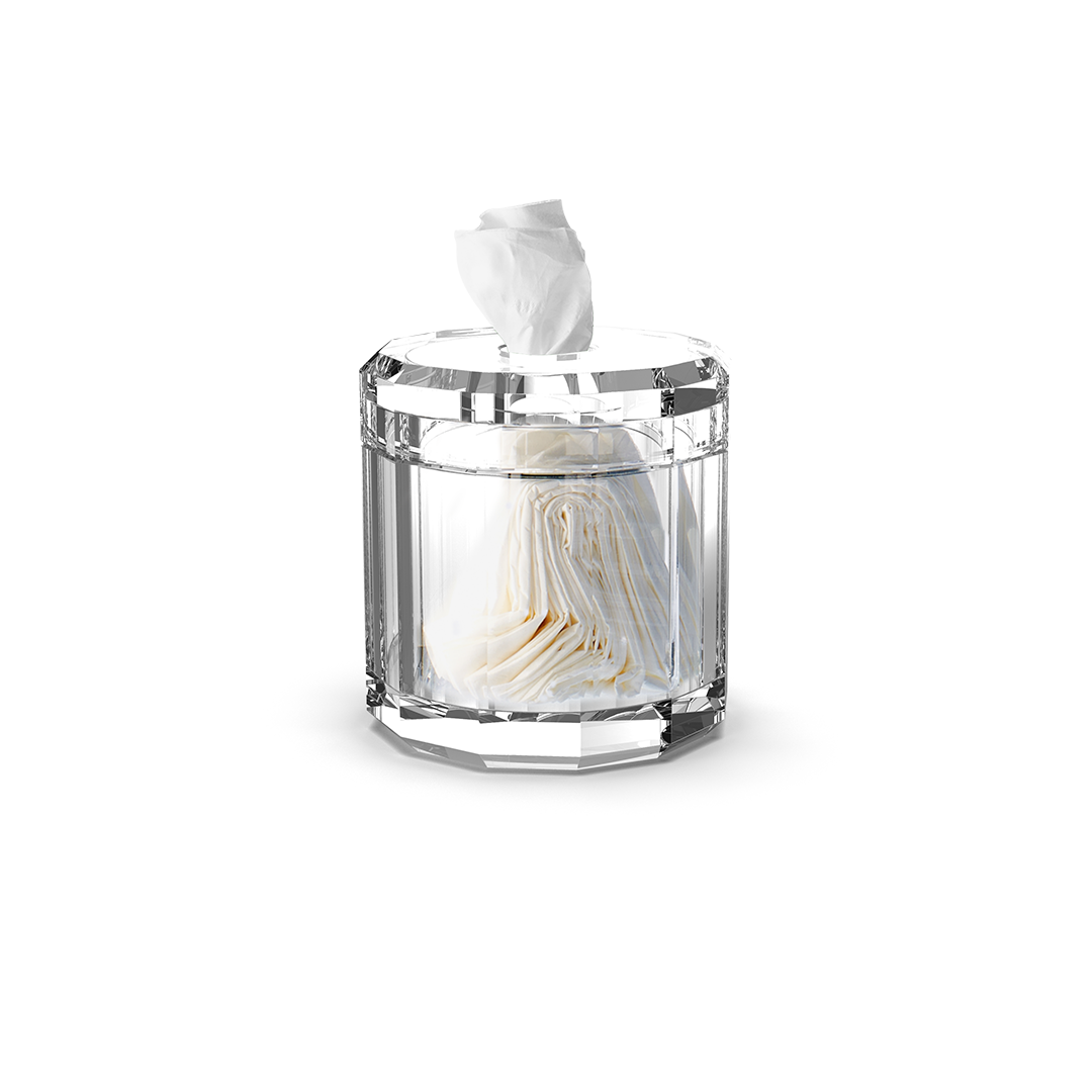 Klare Glas-Papiertuchbox, elegant und modern, ideal zur stilvollen Aufbewahrung von Papiertüchern im Bad.