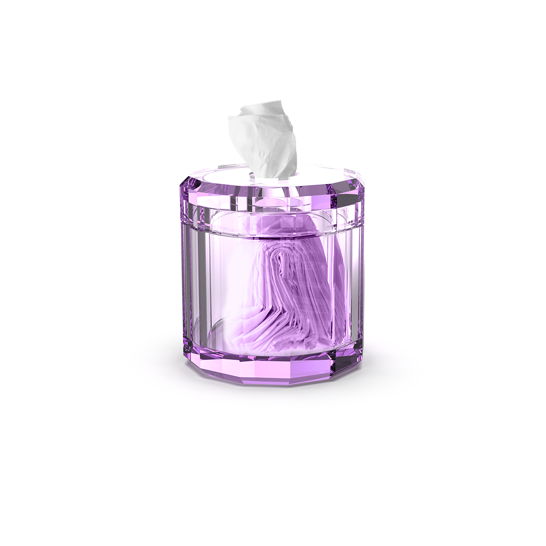 Violette Glas-Papiertuchbox, auffällig und elegant, ideal zur farbenfrohen Aufbewahrung von Papiertüchern.