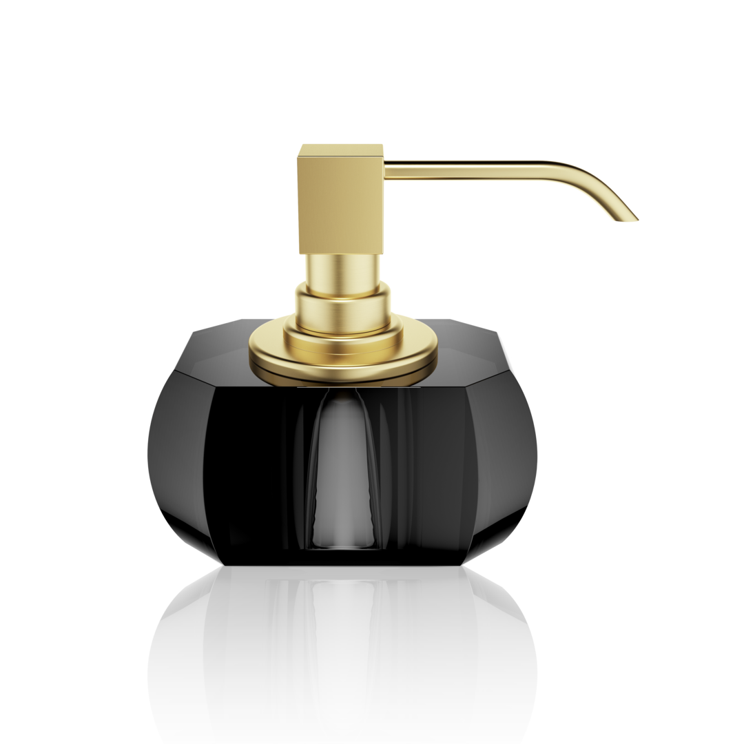 Seifenspender aus Kristallglas in Anthrazit mit goldmatt gebürsteter Pumpe – elegantes Accessoire fürs Designerbad