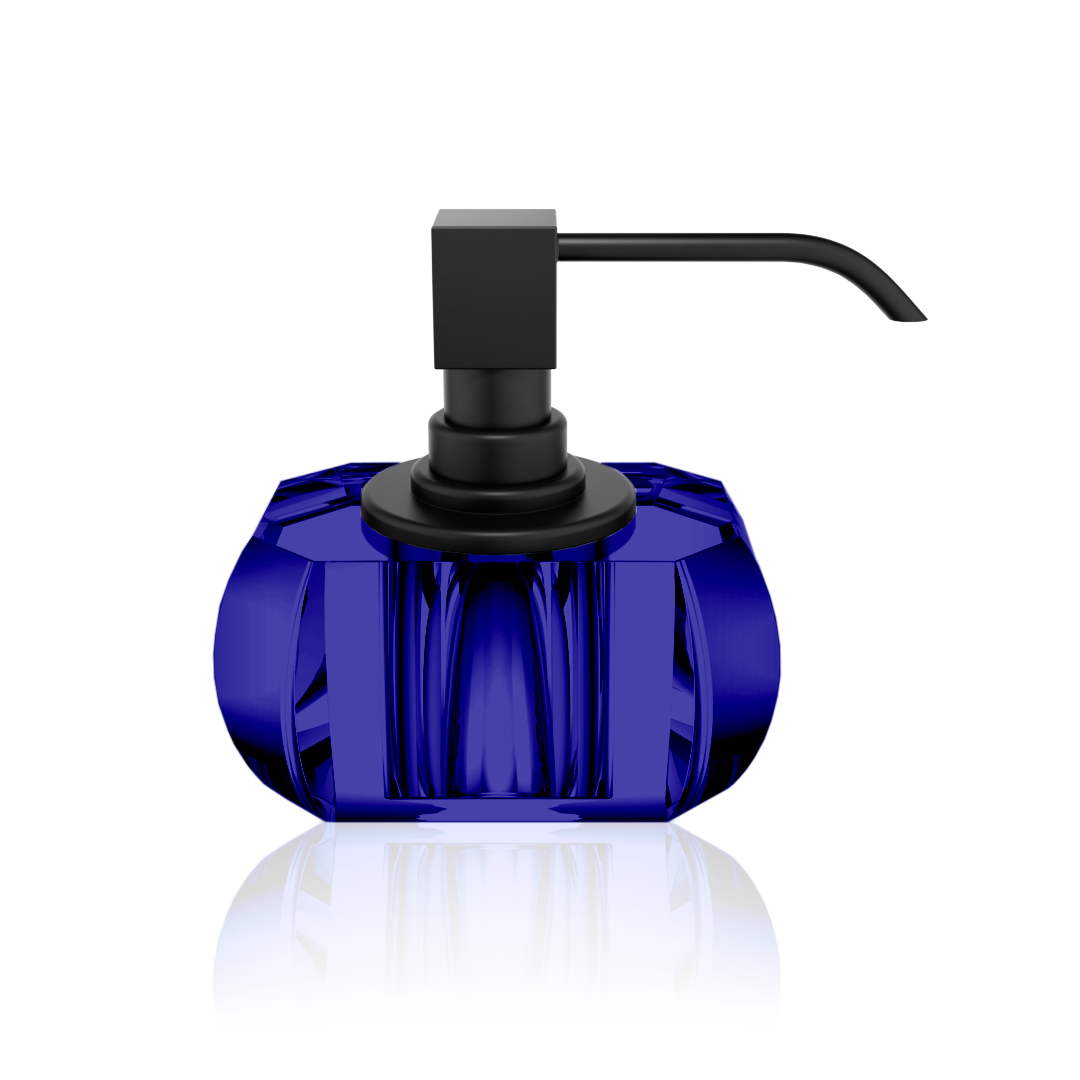 Eleganter Seifenspender aus Kristallglas in Caprifarbe mit schwarzem Pumpkopf – luxuriöses Accessoire für Badezimmer und Gäste-WC.