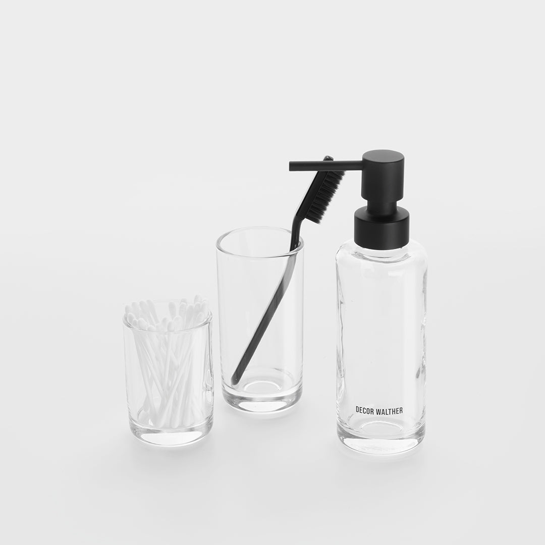 Hochwertiges Badezimmer-Set Glas klar 3-teilig Seifenspender Mundbecher Zahnbürstenhalter minimalistisch modern Badzubehör Badaccessoires Decor Walther Design