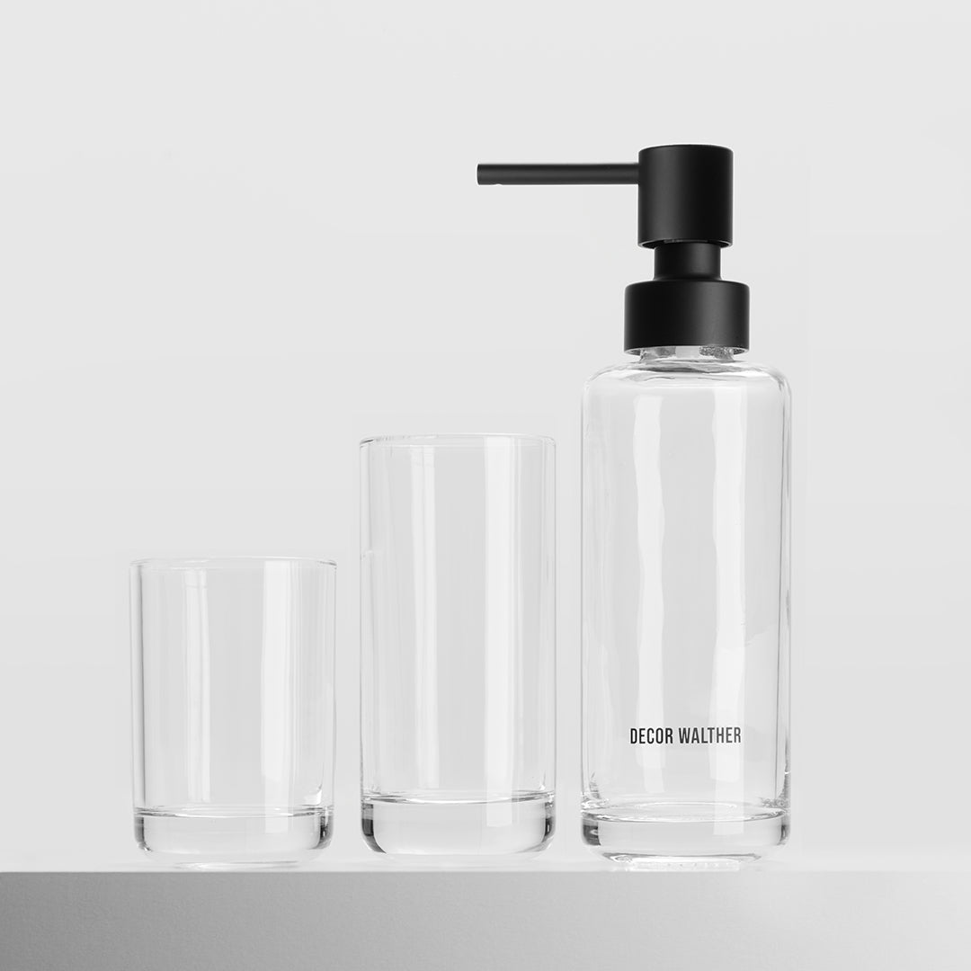 Hochwertiges Badezimmer-Set Glas klar 3-teilig Seifenspender Mundbecher Zahnbürstenhalter minimalistisch modern Badzubehör Badaccessoires Decor Walther Design