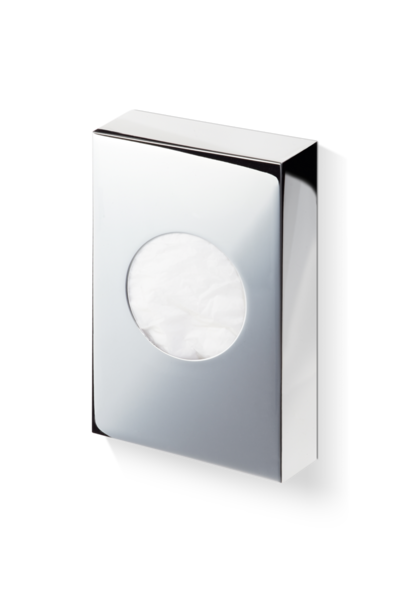 Elegante Hygienebeutelbox aus glänzendem Chrom zur Wandmontage, stilvolles Badaccessoire von Decor Walther, griffbereite Entnahme von Hygienebeuteln, hochwertige Verarbeitung, platzsparende Badezimmerlösung