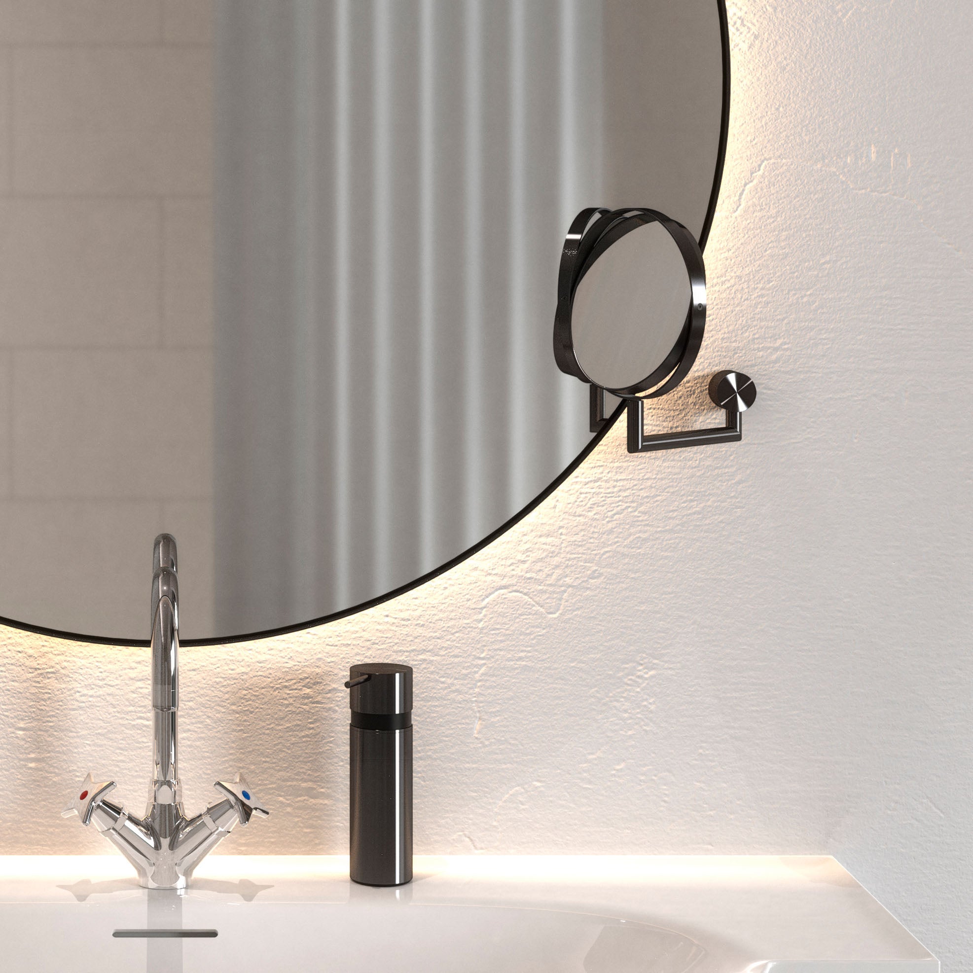 Badezimmer Spiegel mit beleuchtetem Hintergrund.