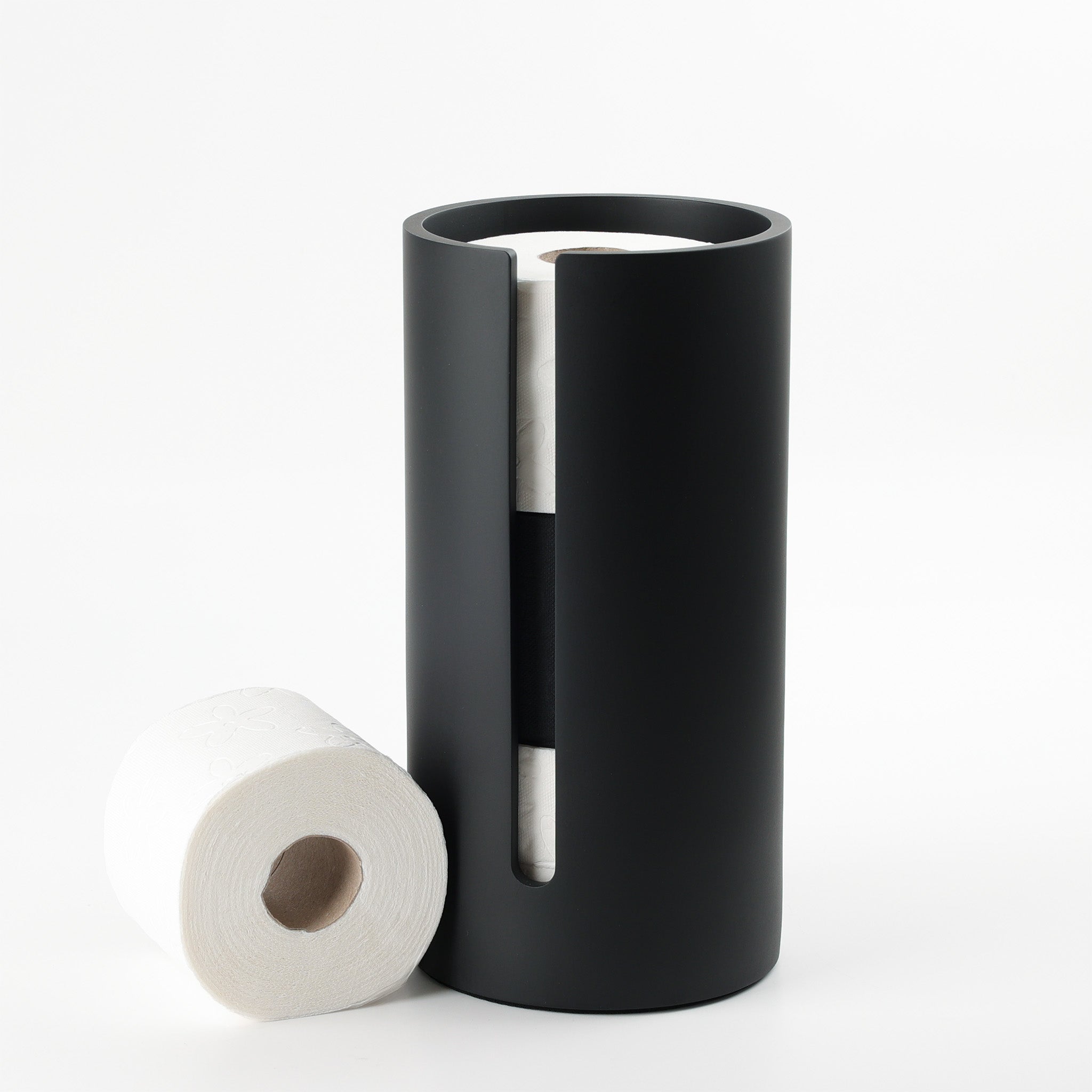 Ersatzrollenhalter-Decor Walther-Black Stone-modernes Design-Edles Accessoire für Bäder und Gästetoiletten-dekoriert mit schwarzen und weißen Papierrollen