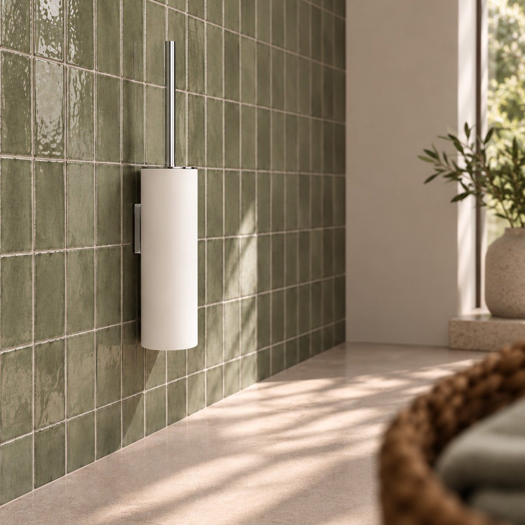 WC Bürstengarnitur in Weiß matt aus der Serie Stone von Decor Walther montiert an einer grünen Fliesenwand mit Bürstenstiel aus Chrom
