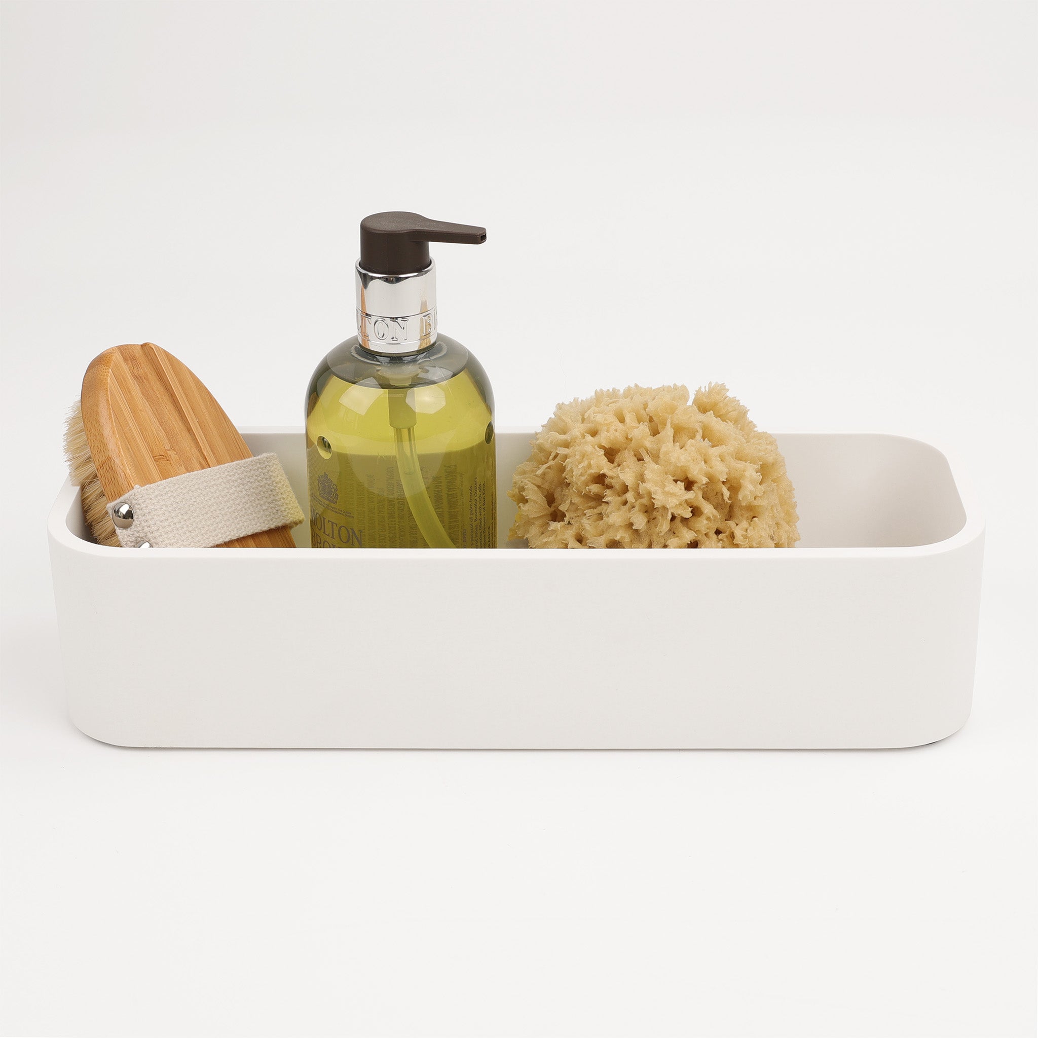 Elegante Standablage SCT30 aus Mineralwerkstoff in Weiß matt – ideal zur Aufbewahrung von Shampoo und Pflegeprodukten im Bad.