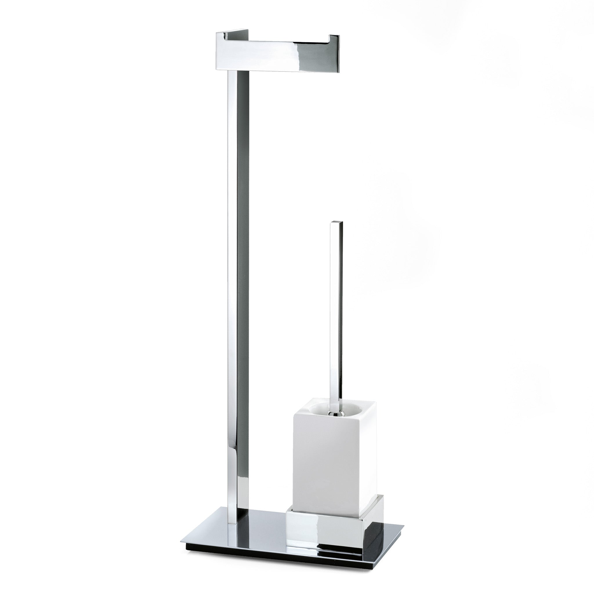 Freistehende WC-Bürstengarnitur BK SBK von Decor Walther mit Papierhalter, kantiges Brick Design aus Chrom und weißem Porzellan – Artikelnummer: 0591300