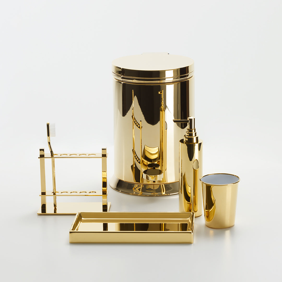 Luxus Badaccessoires Set von Decor-Walther in Gold bestehend aus Seifenspender, Becher, Tablett, Zahnbuerstenhalter und Muelleimer, hochwertige Badezimmer Accessoires Set modern und elegant