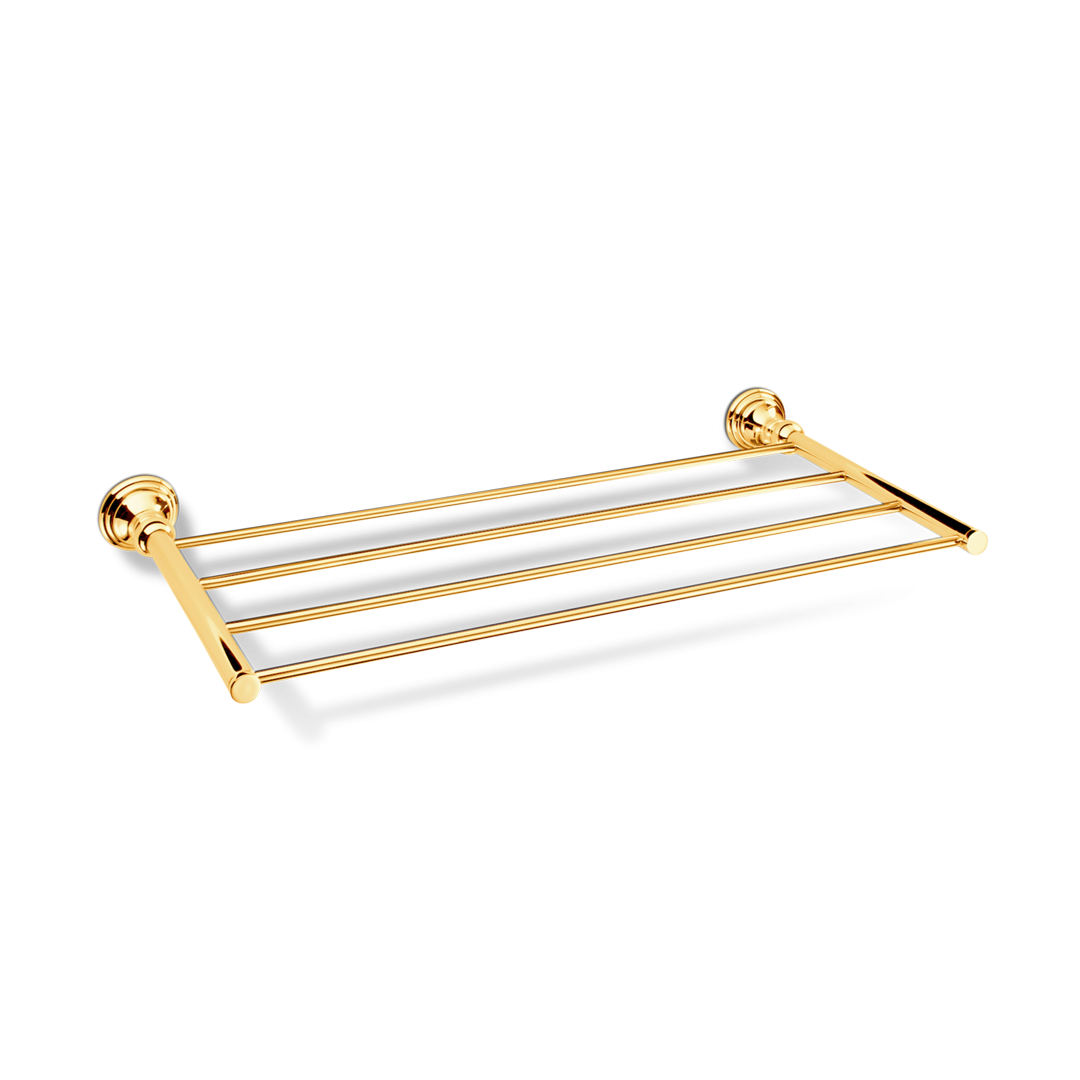 Luxuriöse Handtuchablage in Gold mit vier Stangen – elegantes Designobjekt für klassische Badezimmer im Boutique-Hotel-Stil.