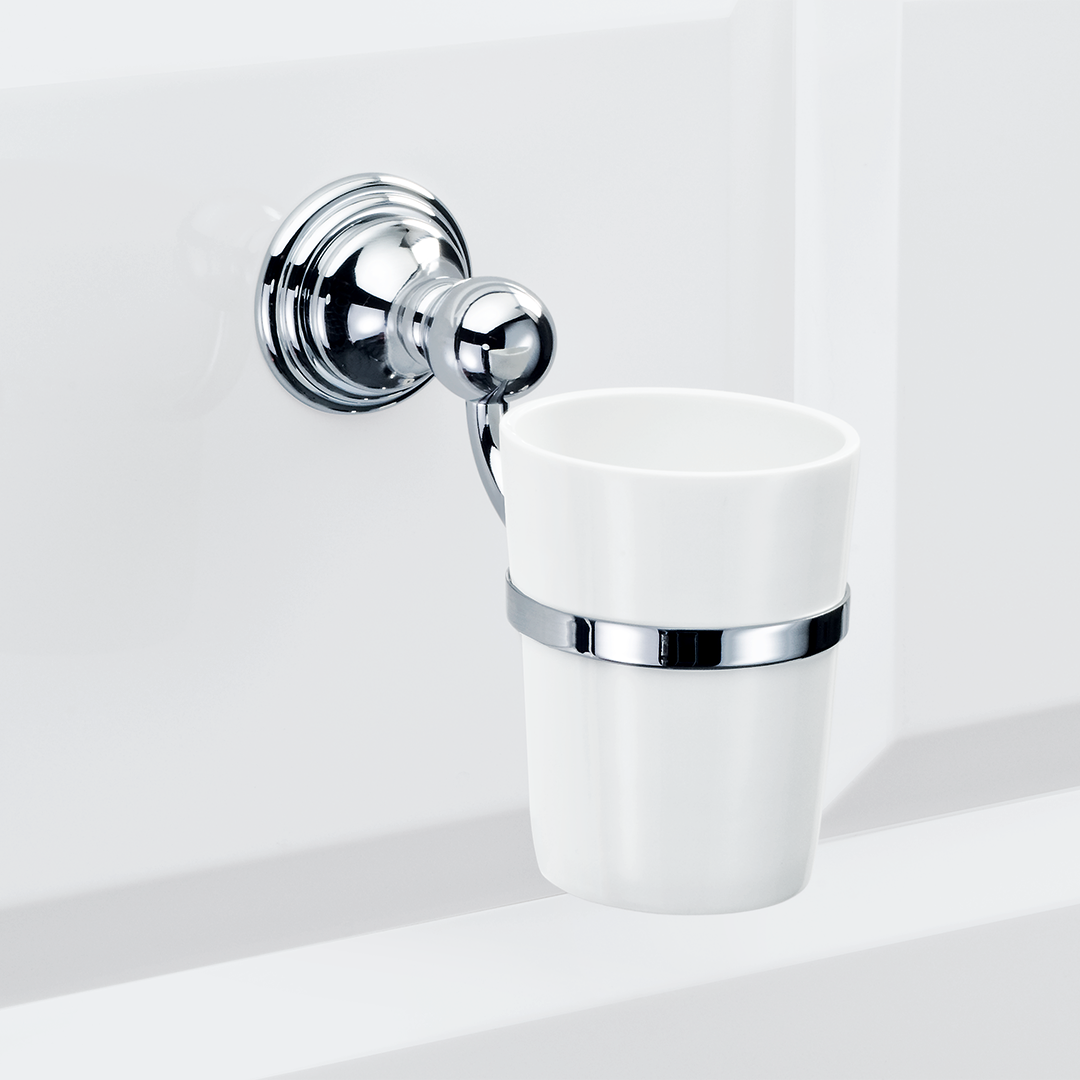 Wand Zahnputzglas Chrom Decor-Walther CL WMG mit Porzellanbecher, klassischer Zahnbecher Wandhalter fuer Badezimmer im Grandhotel Stil