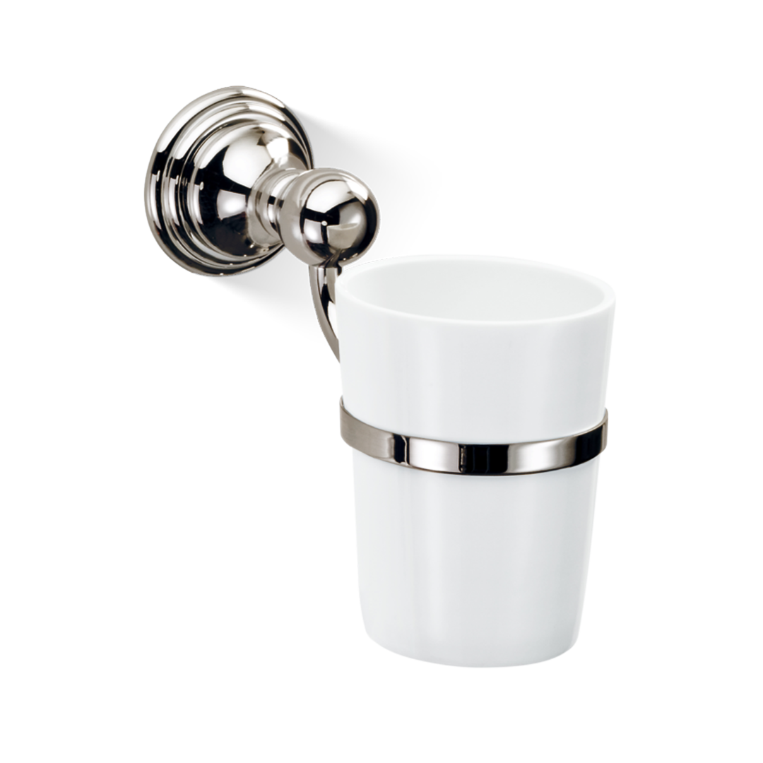 Zahnputzglas Wand Nickel poliert Decor-Walther CL WMG mit Porzellanbecher, eleganter Zahnbecher Halter fuer Bad im klassischen Design