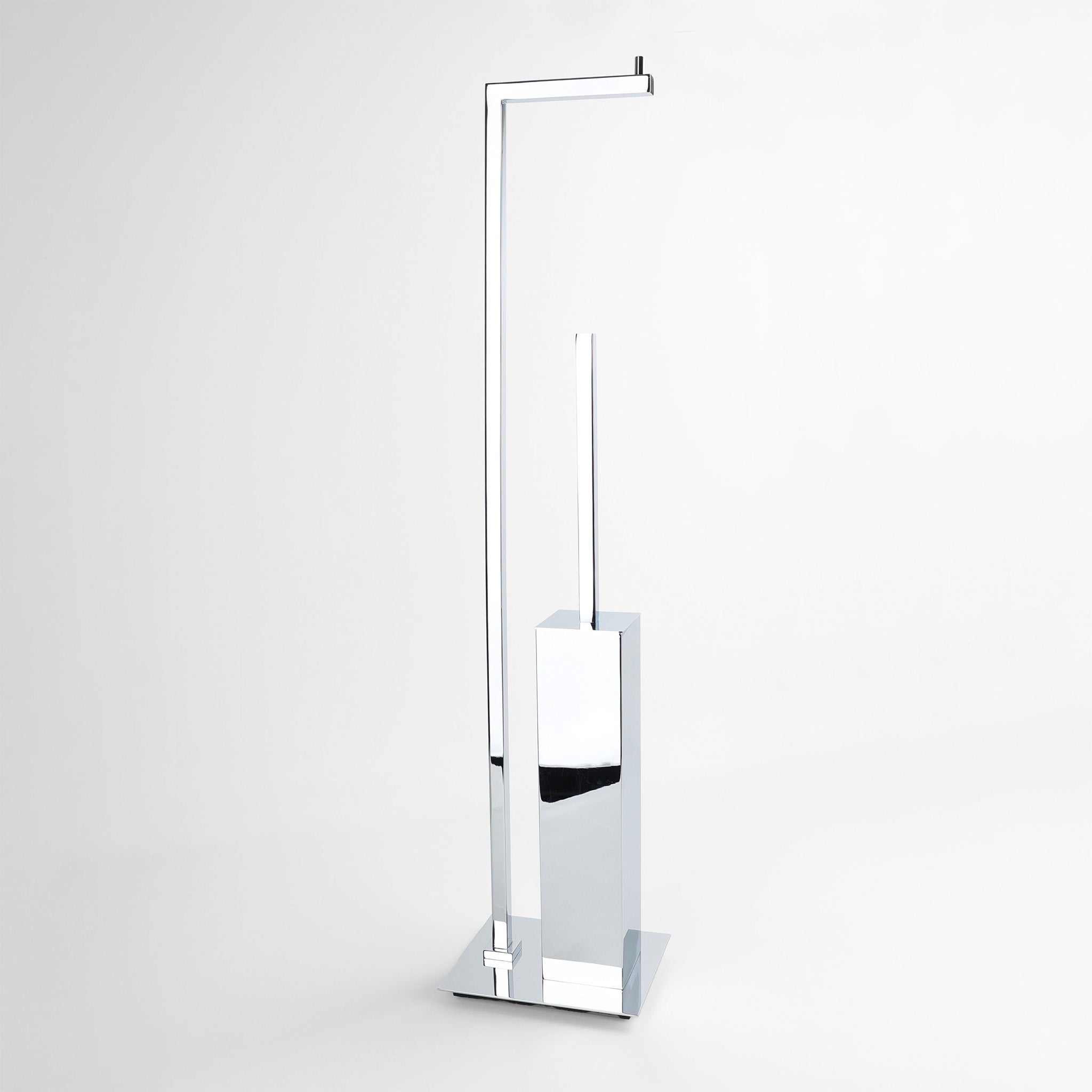 Freistehende WC-Bürstengarnitur mit Papierhalter Decor Walther CO SBK in glänzendem Chrom, puristisches eckiges Design aus massivem Messing.