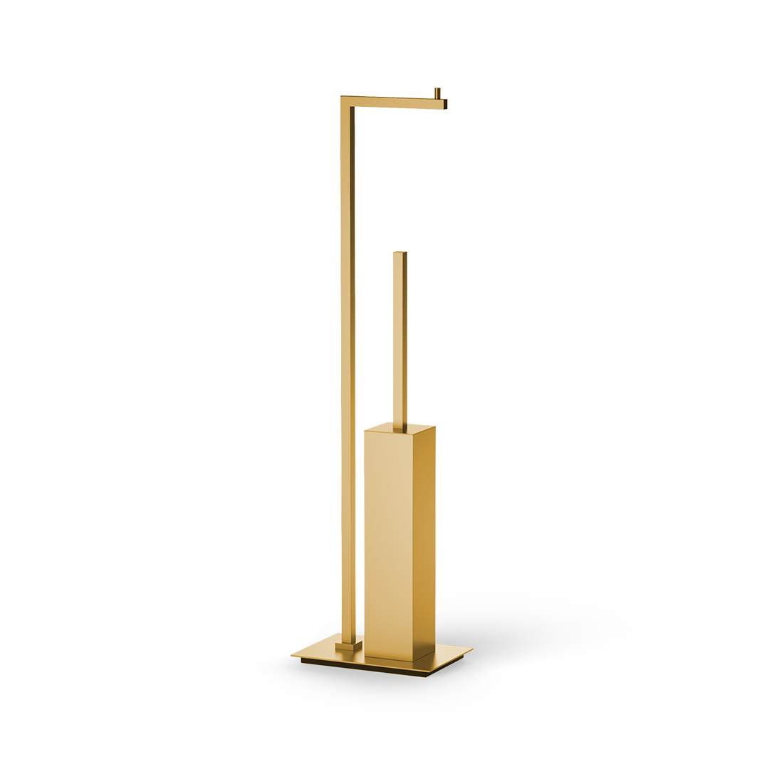 Freistehende WC-Bürstengarnitur mit Papierhalter Decor Walther CO SBK in matter Goldoberfläche, elegantes geometrisches Design aus massivem Messing.