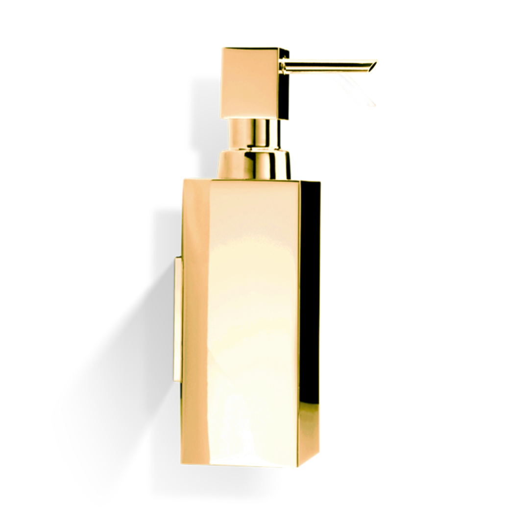 Luxuriöser Wandseifenspender DW375 N von Decor Walther aus massivem Messing in 24-Karat-Gold, abnehmbar zum Nachfüllen.