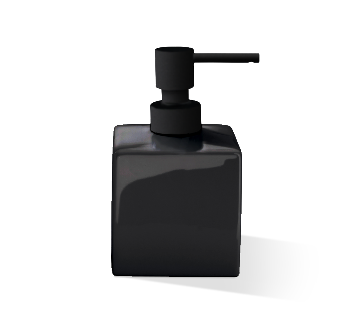 Freistehender Seifenspender DW525 aus schwarzem Porzellan mit schwarz-mattem Pumpkopf von Decor Walther, edles kontrastarmes Design mit 425-ml-Volumen.