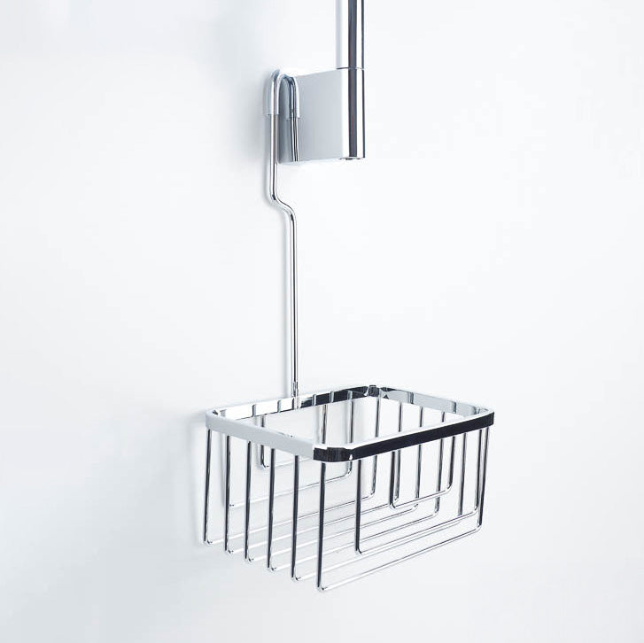 Hängeduschkorb Decor Walther DW227 in Chrom – kompakte Messingablage mit rundem Haken und Gummischonern an Bügel und Korb, ideal für Armatur oder Brausestange.