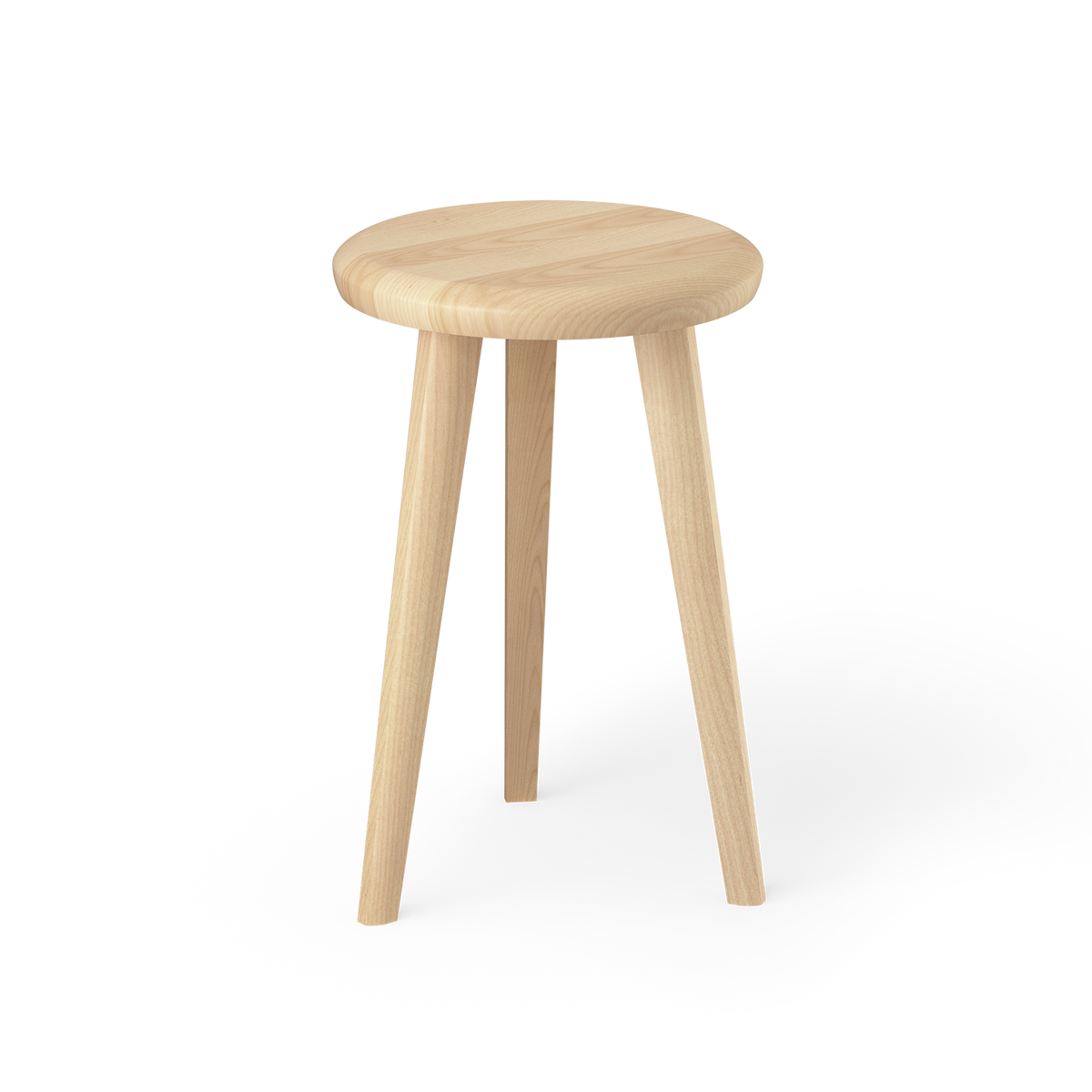 Runder Holzhocker Decor Walther ONYO STOOL aus hellem Ahornholz mit sanft abgerundeter Sitzfläche und drei leicht ausgestellten Beinen für das Badezimmer