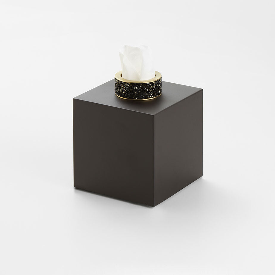 Dekorative Kosmetiktuchbox von Decor Walther in Dark Metal matt mit goldmatter Akzentleiste und Swarovski-Kristallen – edler Materialmix mit modernem Charakter.