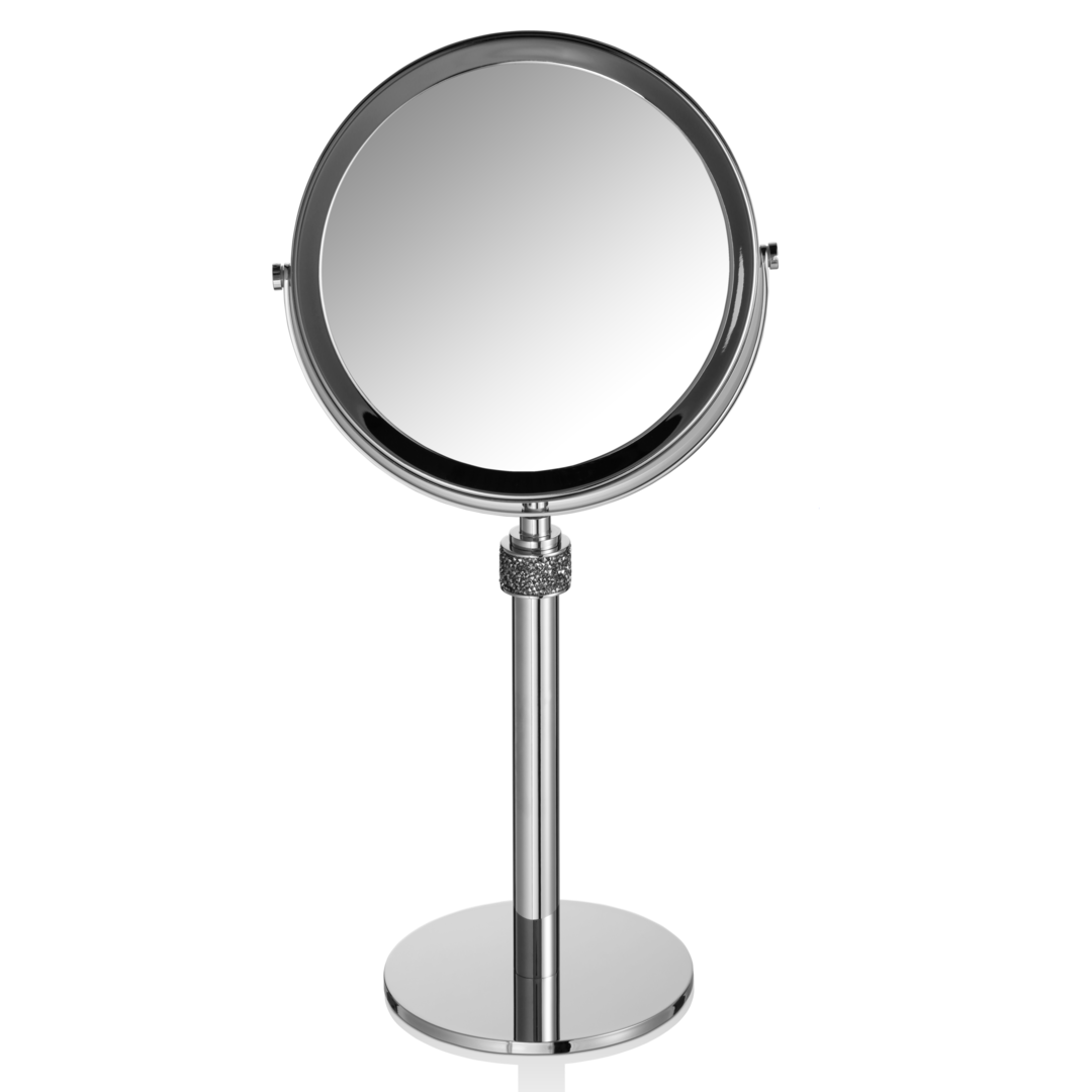 Eleganter Standkosmetikspiegel in Chrom mit 5-facher Vergrößerung und schmalem Swarovski-Kristallband.