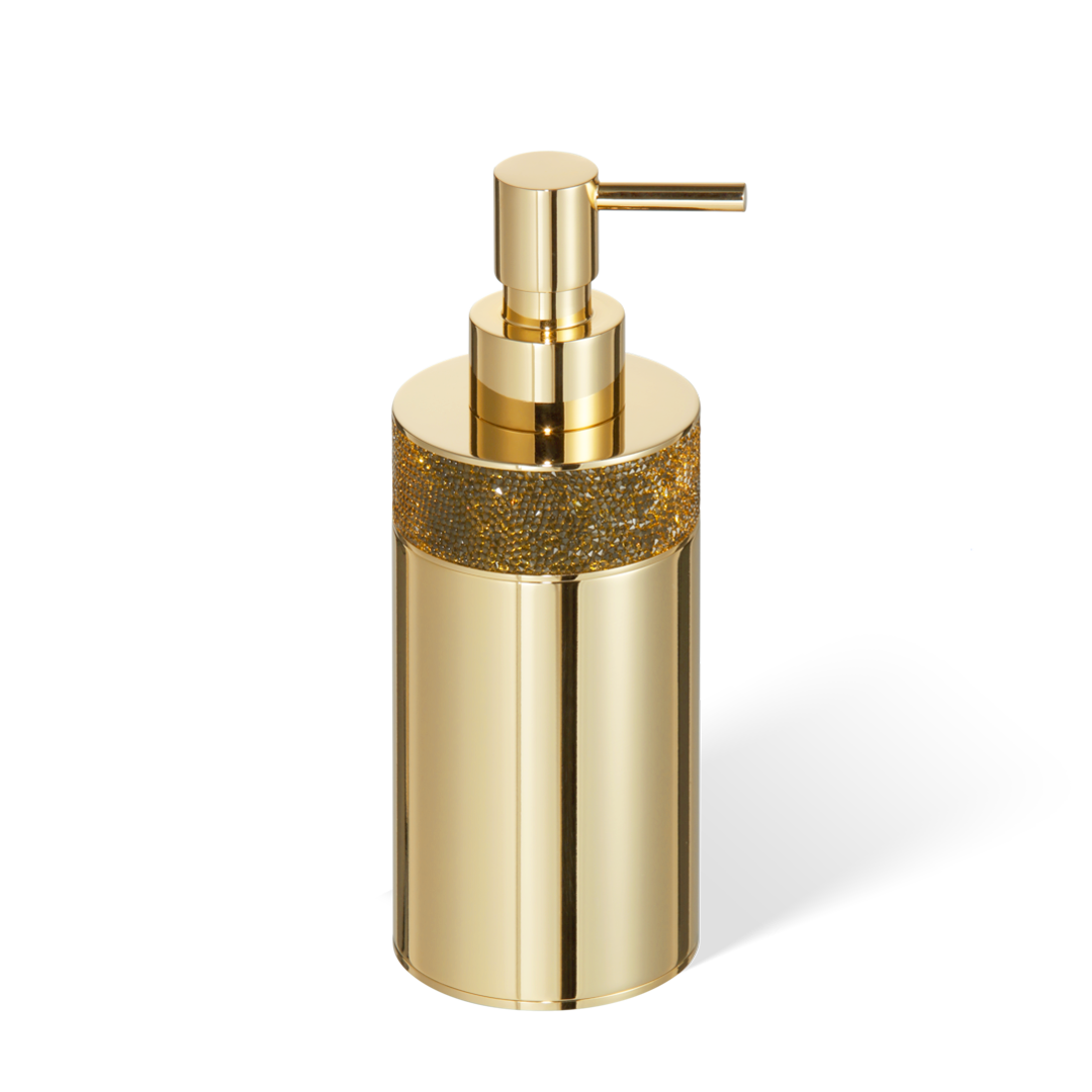 Vergoldeter Seifenspender der Rocks-Serie in 24-Karat-Goldoptik, dekoriert mit dicht besetzten Swarovski-Kristallen für maximale Eleganz.