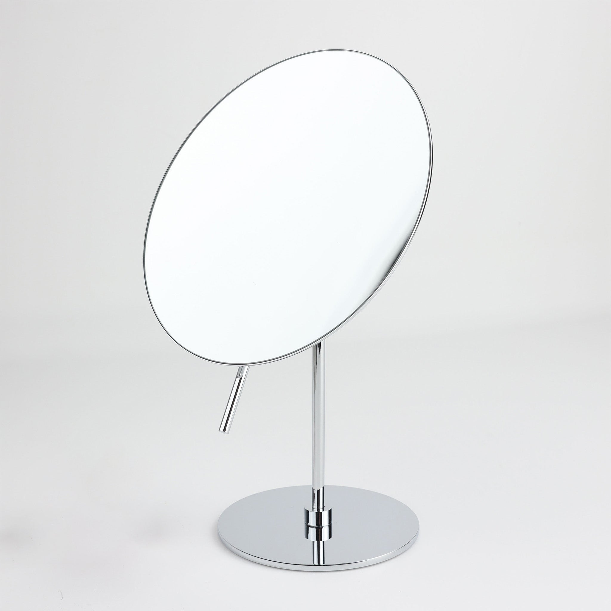 Eleganter Standspiegel in Chrom mit 5-facher Vergrößerung – hochwertiger Schminkspiegel mit präzisem Stellhebel und massivem Fuß.