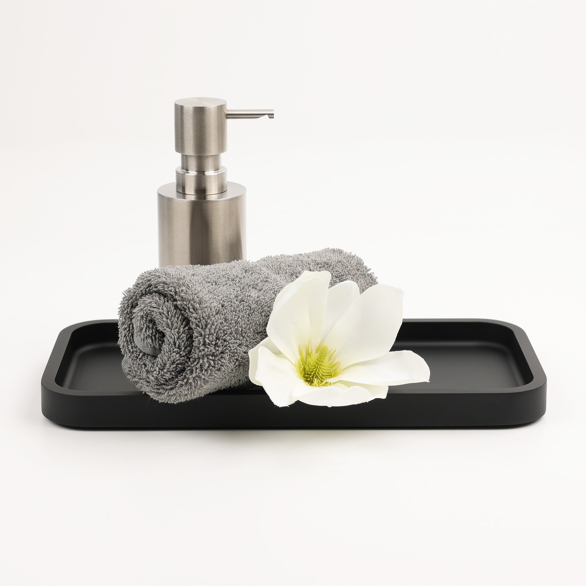 Modernes Tablett TAB aus Mineralguss in Schwarz matt – ideal für die stilvolle Ablage von Kosmetik, Schmuck oder Badaccessoires.