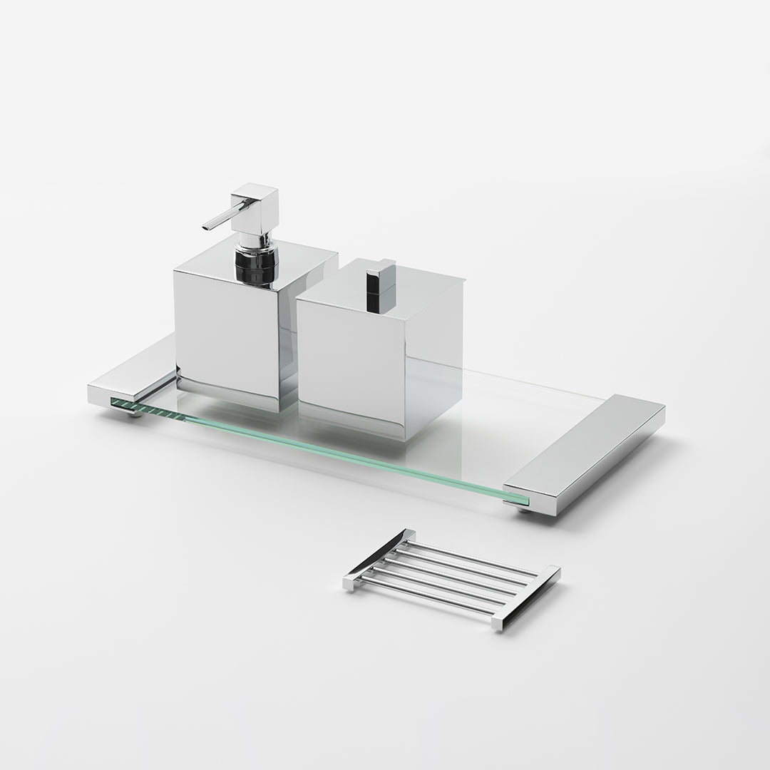 Glas Tablett Decor-Walther TAB34 als Ablage mit Seifenspender und Dose, stilvolle Badaccessoires Kombination fuer Waschbecken und Badezimmer