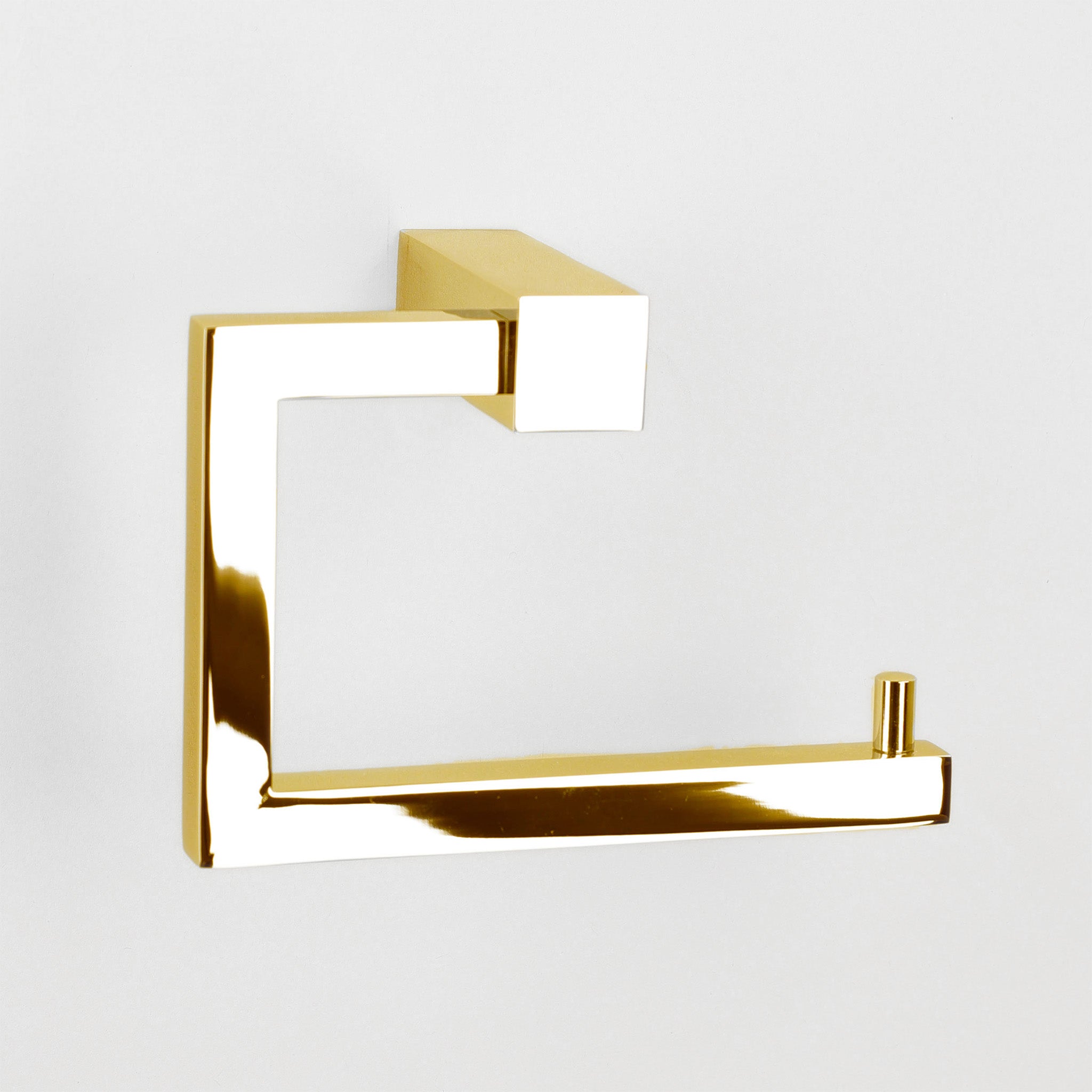 Luxuriöser Toilettenpapierhalter CO TPH3 in Gold – eckiges Designobjekt aus Messing mit präziser Verarbeitung und zeitloser Eleganz.