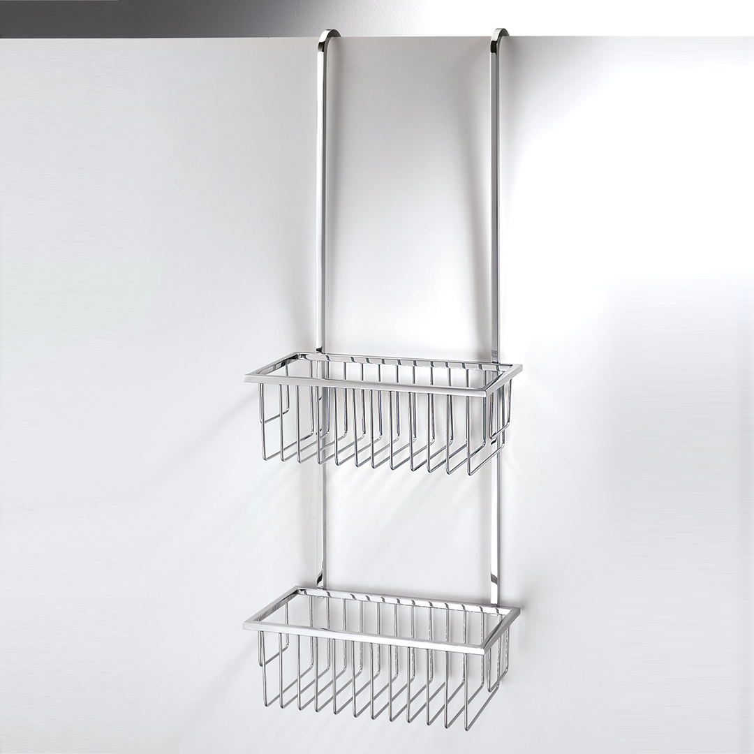 Duschablage Decor Walther WAHGK1 in Chrom – zweistufiger Hängekorb aus massivem, veredeltem Messing mit Gummihalterung für die Glasduschwand, ideal für Shampoo und Duschutensilien.