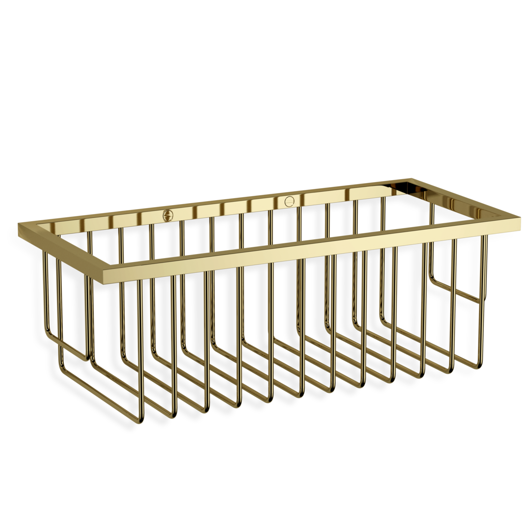Eleganter Duschkorb Decor Walther WAWND1 in glänzendem 24-kt-Gold, rechteckige Wandablage mit Gitterdesign.