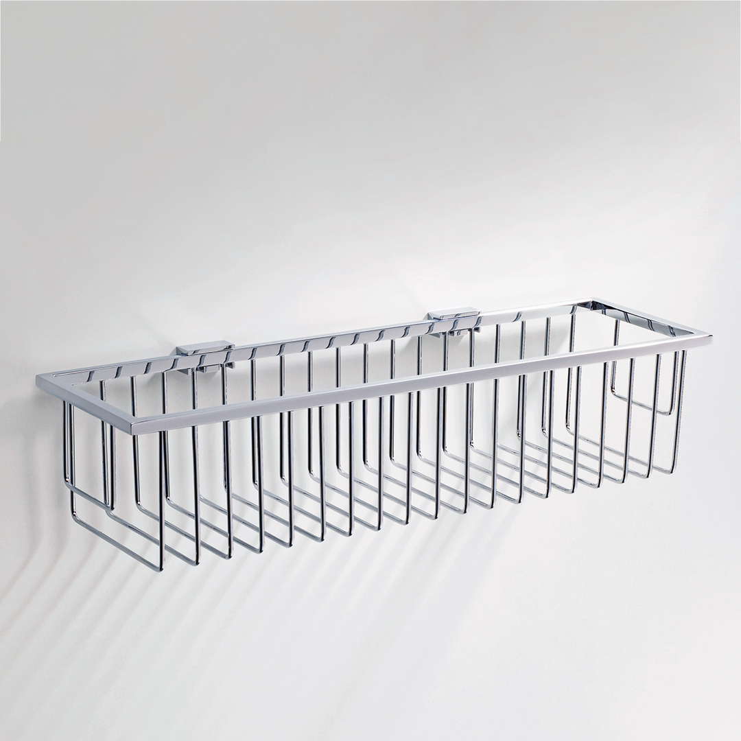 Rechteckiger Duschkorb Decor Walther WA WND2 in Chrom – Wandablage aus massivem, veredeltem Messing mit verdeckter Befestigung für Shampoo und Duschpflege.