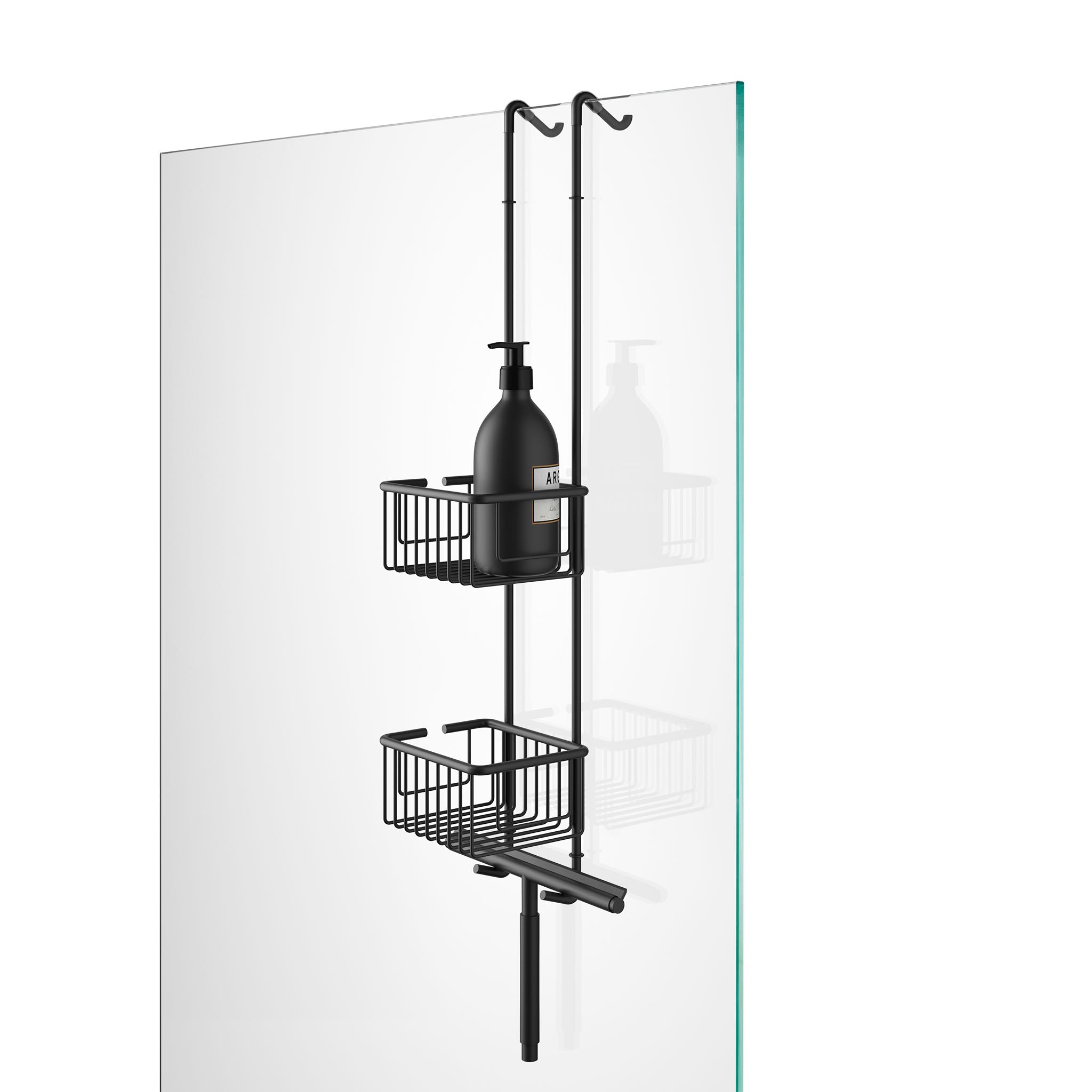 Schwarzes Decor Walther HANG UP Duschregal zur Montage über Glas, mit zwei Drahtkörben für Shampoo und integriert eingehängtem Duschabzieher.