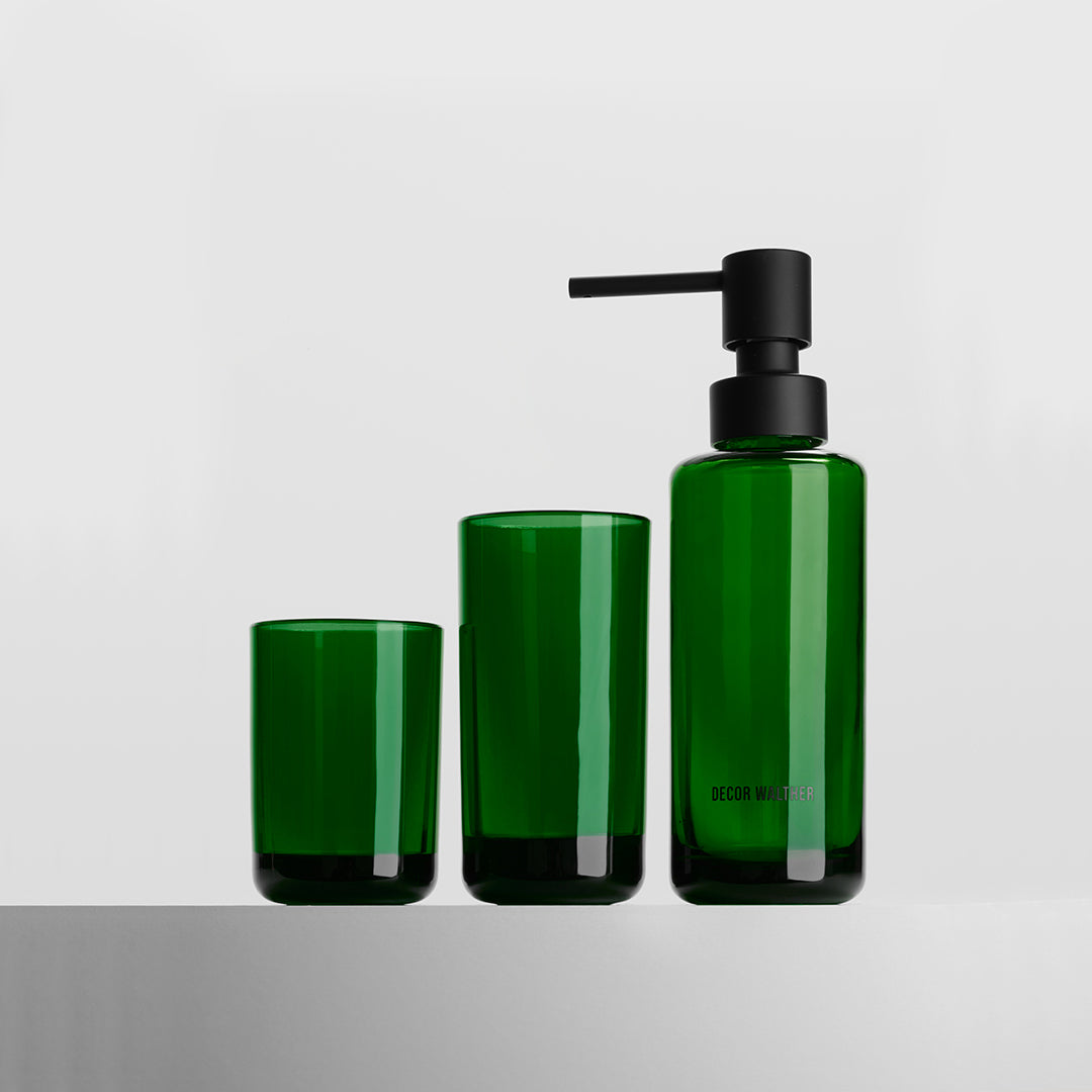 Edles Badzubehör-Set grün Glas 3-teilig Lotionspender Mundglas Zahnbürstenbecher minimalistisches Design hochwertig Badezimmer-Deko Badaccessoires Decor Walther