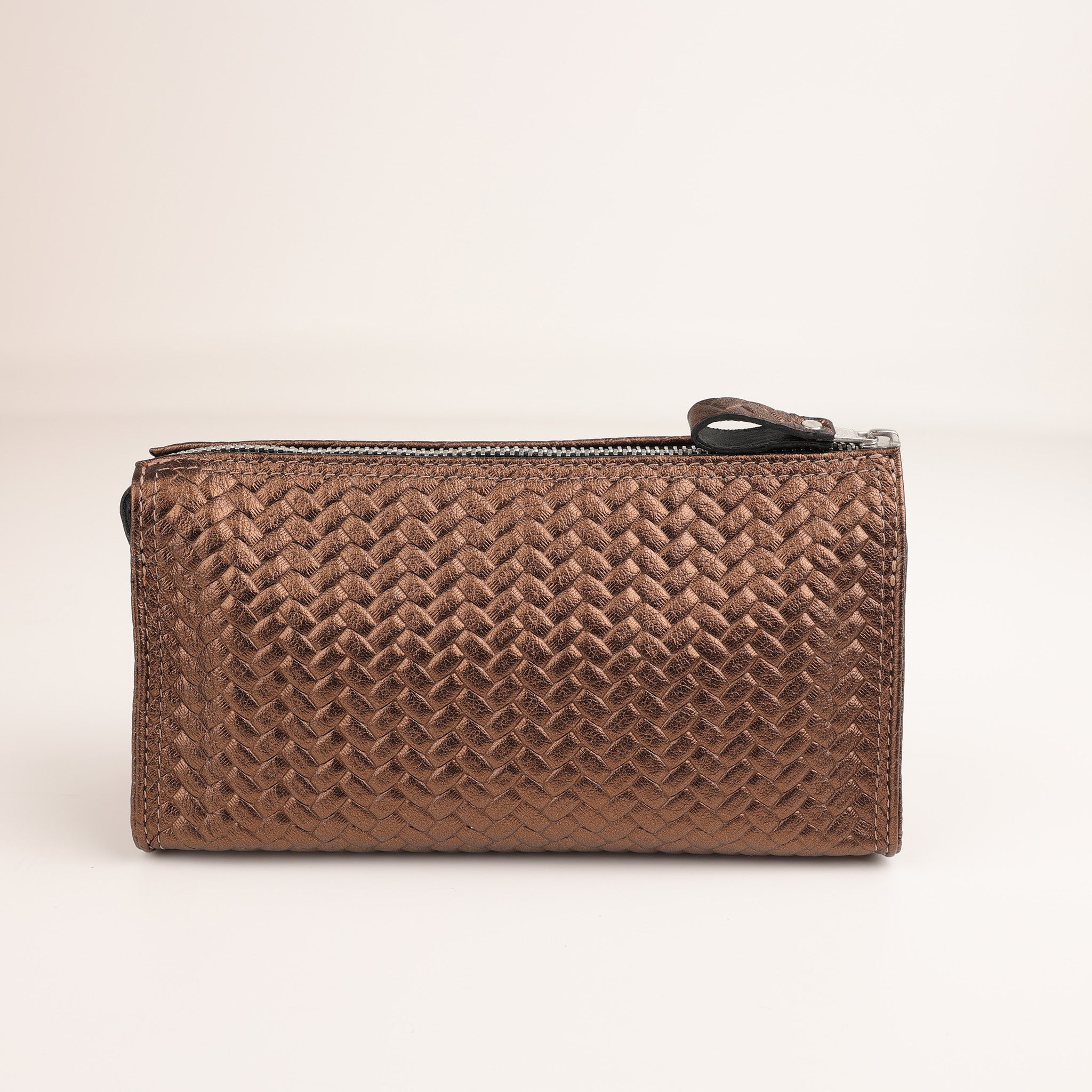 Elegante Kosmetiktasche in Flecht Bronze, handgefertigt aus naturbelassenem Chervo Leder, mit herausnehmbarem Kosmetikspiegel, F. Hammann