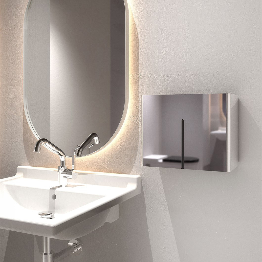 Elektrischer Handtrockner von Frost Denmark in glänzender Chromoptik mit HEPA-Filter und Wandmontage für Hotels, Restaurants und moderne Sanitärbereiche