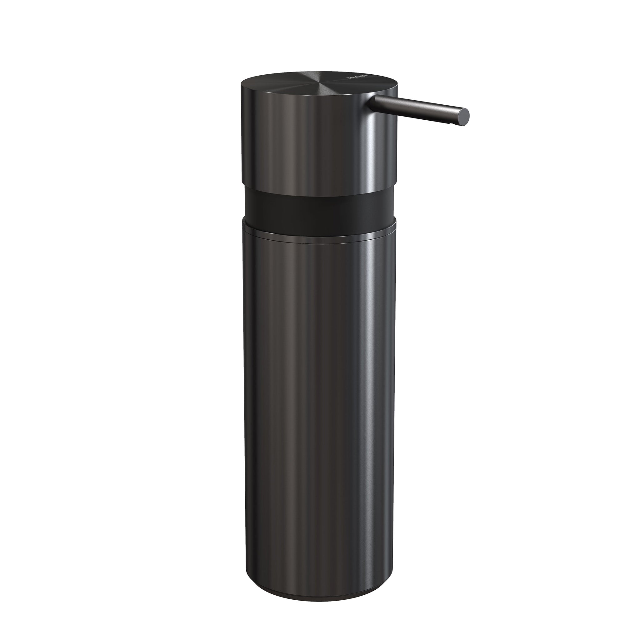 Modern designter Seifenspender aus gebürstetem schwarzem Edelstahl von Frost Denmark – perfekt für elegante Badkonzepte.