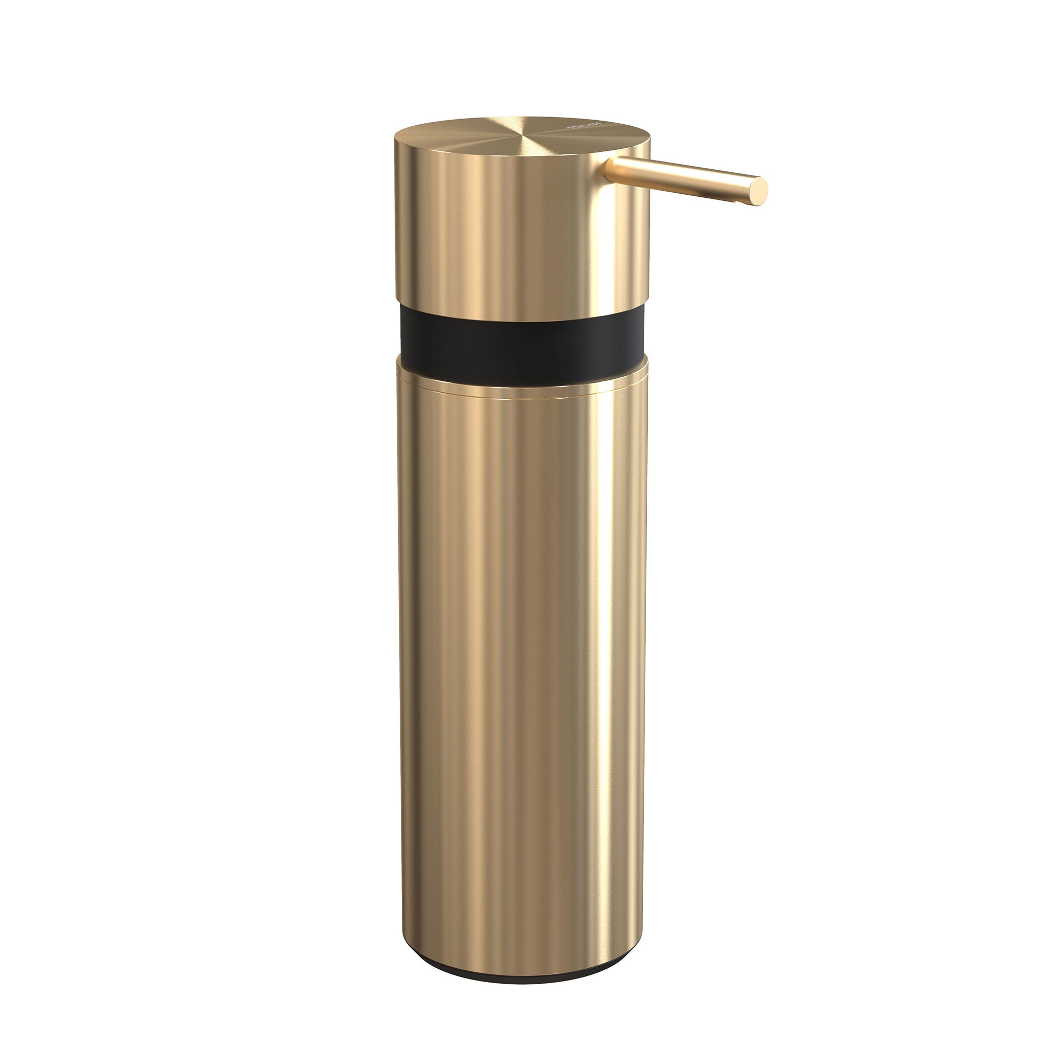 Edler Seifenspender in gebürstetem Gold aus Edelstahl von Frost Denmark, passend zur minimalistischen Badgestaltung.